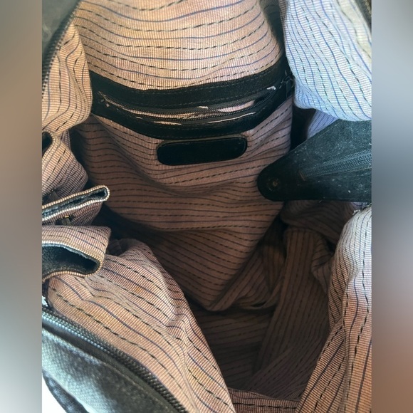 White Elephant Florence Italy linen canvas black fringe beaded tote aztec hippie - Picture 11 of 15